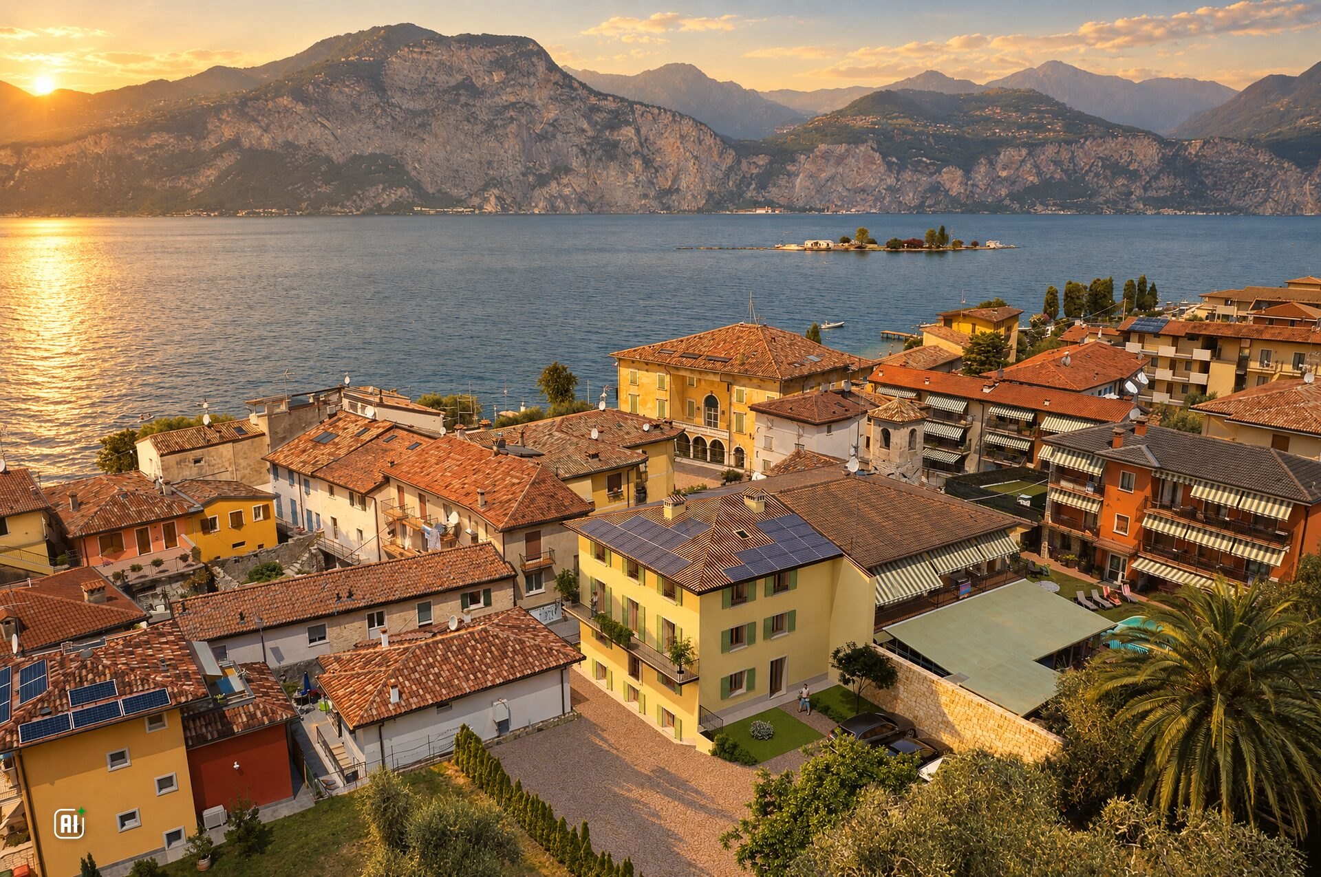 L'edificio nel borgo di Assenza, vista aerea al tramonto