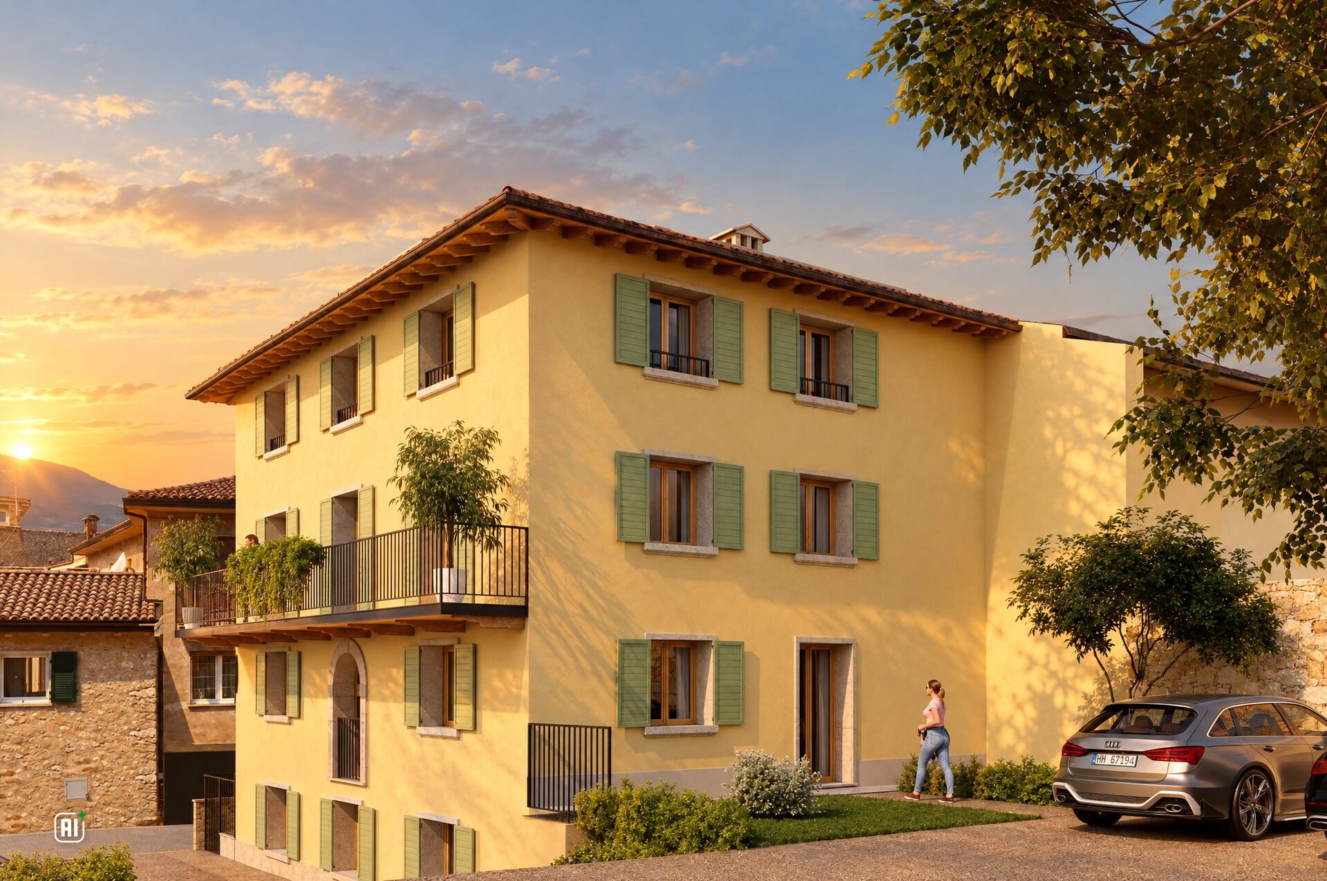 L'edificio al tramonto, lato parcheggio