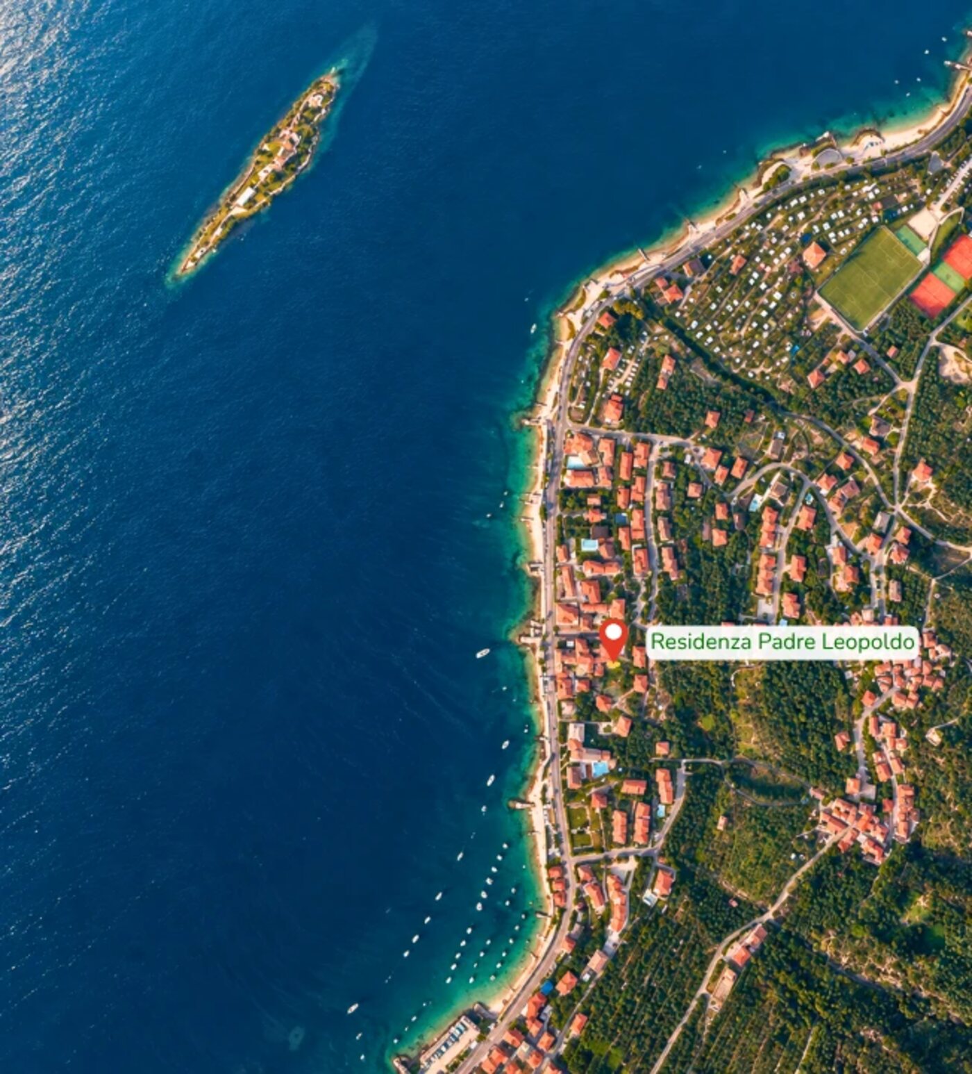 Assenza di Brenzone dall'alto, con la posizione della Residenza Padre Leopoldo
